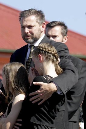 Accused ... Gerard Baden-Clay and his daughters at Allison Baden-Clay's funeral.