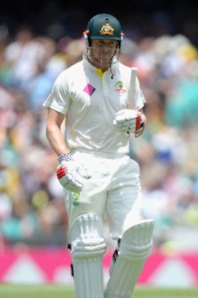 George Bailey of Australia leaves the field after being dismissed by Stuart Broad.
