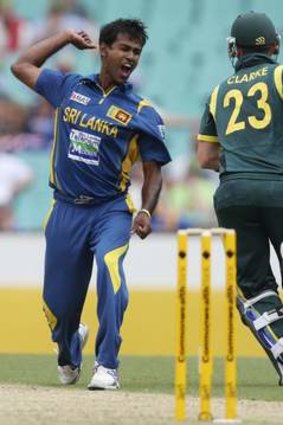 Nuwan Kulasekara celebrates the wicket of Australia's captain Michael Clarke.