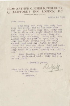 Arthur C Fifield to Gertrude Stein, April 19, 1912.