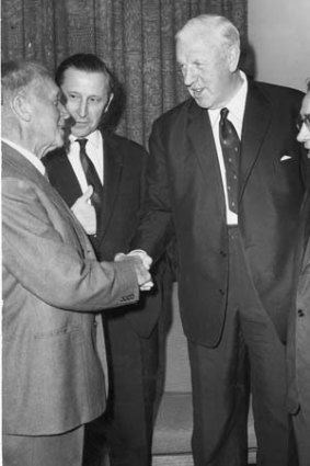 Troubled history: Stanley Rous (centre), president of FIFA, shakes hands with Victorian Soccer Federation president Harry Dockerty during a visit to Australia in 1963.