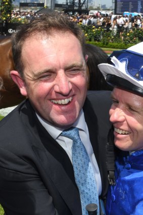 Kerrin McEvoy and trainer Charlie Appleby after Oceanographer's win in the Lexus Stakes.