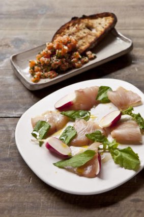 Come the raw fish ... salmon tartare with king fish, breakfast radish and sorrell.