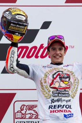 Marc Marquez celebrates becoming world champion after the MotoGP at Ricardo Tormo racetrack in Cheste, near Valencia, on November 10.