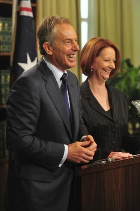 Former British Prime minister Tony Blair during his visit to Melbourne today with Prime Minister Julia Gillard.