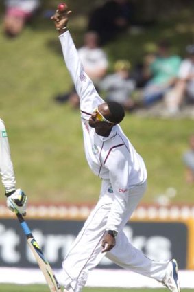 Shane Shillingford bowls during the second Test against New Zealand in Wellington on December 11.