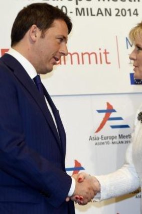 Meet and greet: Australian Foreign Minister Julie Bishop  is welcomed by Italian Prime Minister Matteo Renzi.