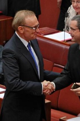 Bob Carr is welcomed by Stephen Conroy.