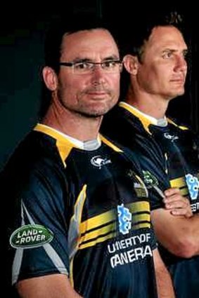 Dan McKellar, left, joins the Brumbies as an assistant coach and is pictured with head coach Stephen Larkham and director of rugby Laurie Fisher.