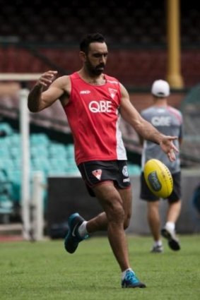 Almost back: Adam Goodes of the Sydney Swans during training this week.