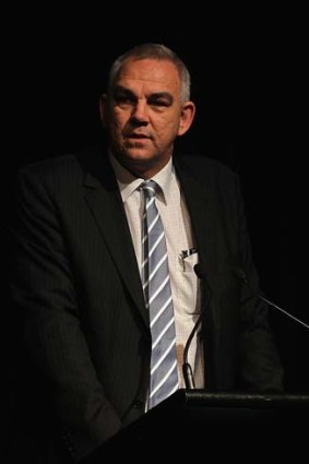 Basketball Australia chief executive Larry Sengstock speaks during at the 2011/12 NBL season launch.