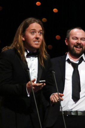 Australian Tim Minchin and Matthew Warchus accept the award for Best Musical for <i>Matilda the Musical</i> at the 2012 Olivier Awards at London's Royal Opera House.
