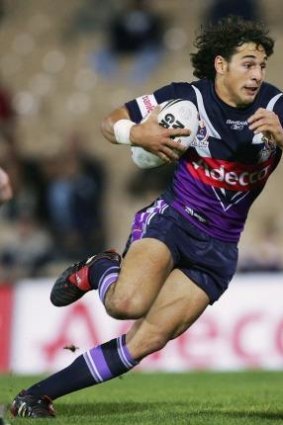 A longer-haired Billy Slater plays for Storm in 2005.