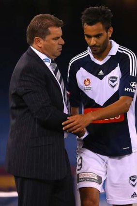 Ange Postecoglou congratulates Marcos Flores after the game against Phoneix.