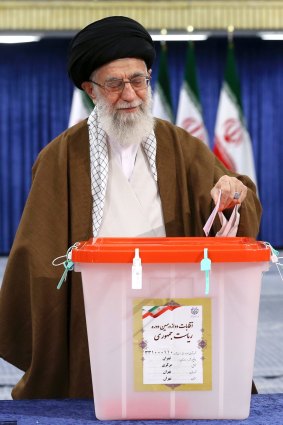 Iranian supreme leader, Supreme Leader Ayatollah Ali Khamenei casts his ballot for the presidential election.