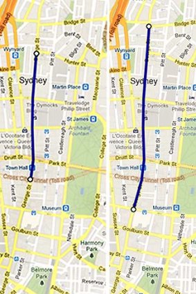 The conflicting plans for the pedestrianisation of George Street. On the left, the state government's prefered option, and on the right, the City of Sydney's.