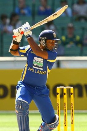 Sri Lanka's Kumar Sangakkara plays a shot through the off-side.