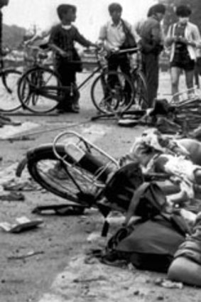 The bodies of dead civilians lie among mangled bicycles near Tiananmen Square on June 4, 1989.