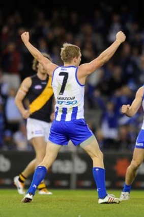 How good is this? Roo Jack Ziebell celebrates a goal against the Tigers at Etihad Stadium.