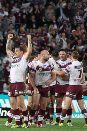 Manly Sea Eagles celebrate their win on Friday night despite a rough start.