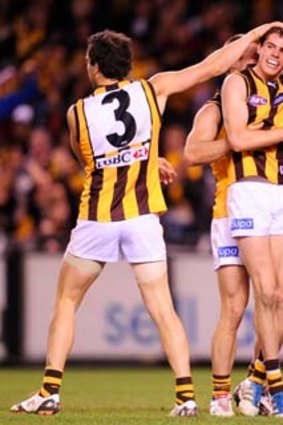 Hawthorn's Ryan Schoenmakers celebrates his second goal with Isaac Smith.