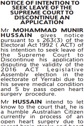 Mohammad Hussain's notice published in <i>The Canberra Times</i>.