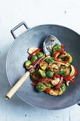 Sprouts go nuts … chicken stir-fry with brussels sprouts and almonds.