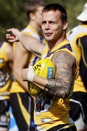 Suspended: Jake King at Tiger training yesterday.