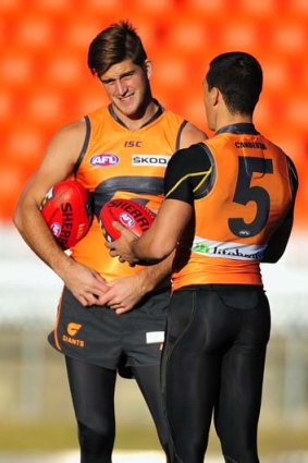 Saints' target: Josh Bruce, seen chatting to teammate Dylan Shiel, is in St Kilda's sights.