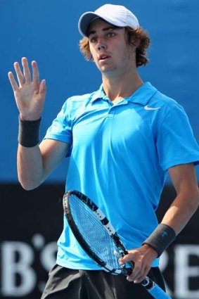 Jordan Thompson during his final round match against Benjamin Mitchell in the Australian Open 2014 qualifying at Melbourne Park on Sunday.