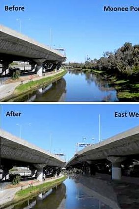 Moonee Ponds Creek now, and an impression of how it will look after the link is built.
