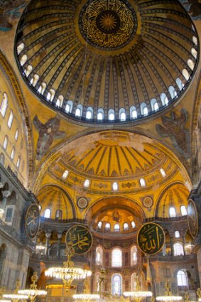 The interior of Hagia Sophia in Istanbul, Turkey.
