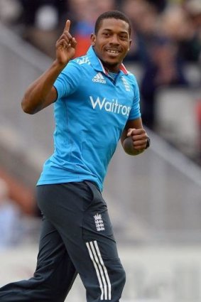 England's Chris Jordan celebrates after taking the wicket of Sri Lanka's Kumar Sangakkara.