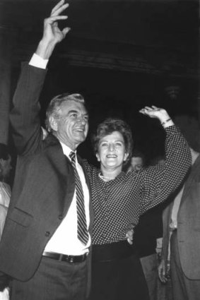 Australian Prime Minister Bob Hawke celebrates the Labor victory in the 1987 federal election with wife, Hazel.
