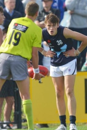 Darcy Moore has a word with the field umpire during the Vic Country versus Vic Metro game in May.