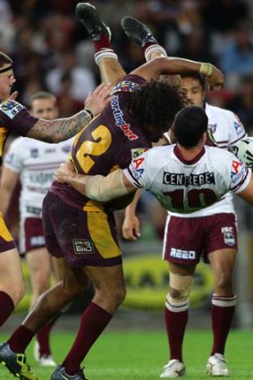 On report ... Broncos' Sam Thaiday in hot water over a tackle on Brent Kite.