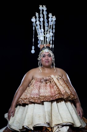 Samoan-Australian Maureen Unasa's headdress and tapa dress.