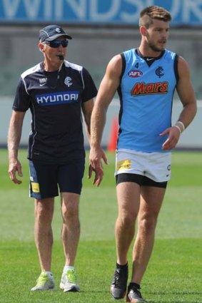 Carlton coach Mick Malthouse with Bryce Gibbs at training on Wednesday.