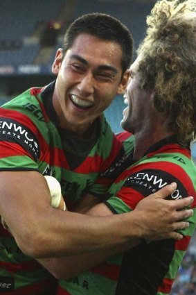 My time &#8230; Andrew Everingham, left, celebrates another try.