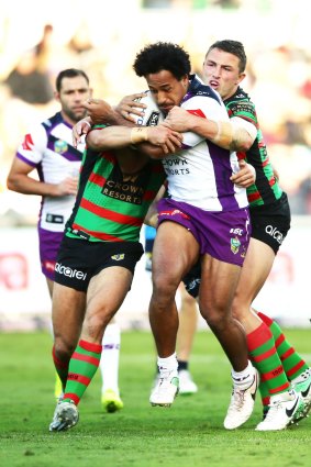  Felise Kaufusi of the Storm is tackled during the round 11 NRL match between the South Sydney Rabbitohs and the Melbourne Storm. 