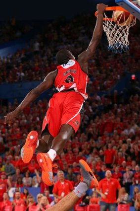American import James Ennis dunks the ball during the round two NBL match between the Perth Wildcats and the Sydney Kings at Perth Arena.