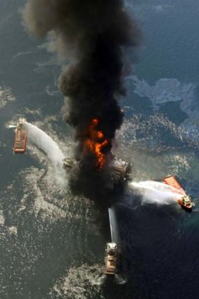 An environmental catastrophe ... BP's Deepwater Horizon oil rig burning after an explosion in the Gulf of Mexico in 2010.
