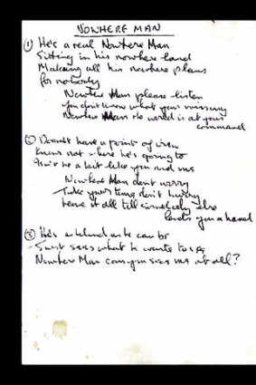 John Lennon's scribbled lyrics for the 1965 Beatles song <i>Nowhere Man</i>, and anthem to detachment and confusion.