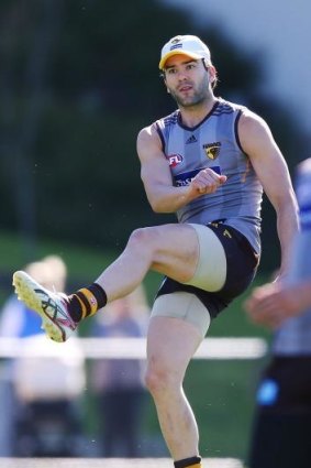 Natural leader: Jordan Lewis, who is in career-best form for the Hawks, lets fly at training on Friday.