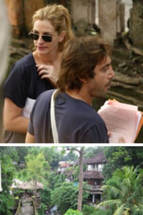 Julia Roberts and co-star Javier Barden on the set of Eat, Play, Love and (below) an Ubud river scene.