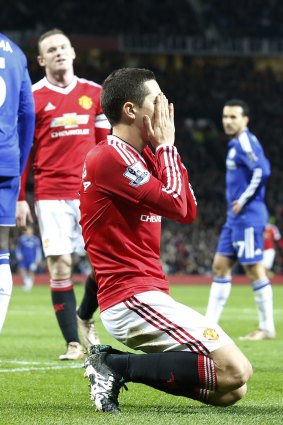 Ander Herrera reacts after missing a chance against Chelsea.