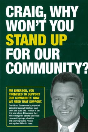 A Clubs Australia flyer calls on Craig Emerson to vote against pokies reform.