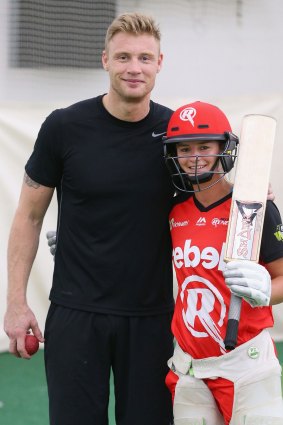 Former England cricketer Andrew Flintoff with friend and Women's Melbourne Renegades BBL cricketer Danni Wyatt. 