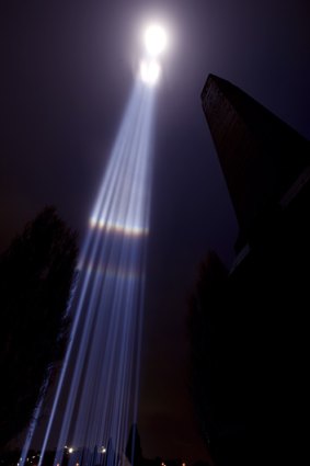 Japanese artist Ryoji Ikeda's searchlight installation illuminates Hobart's night sky.