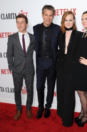 Skyler Gisondo, from left, Timothy Olyphant, Liv Hewson and Drew Barrymore arrive at the Los Angeles premiere of "Santa Clarita Diet".